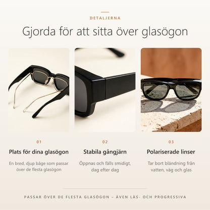 SunFit-detaljer: plats för glasögonen, stabila gångjärn, polariserade linser